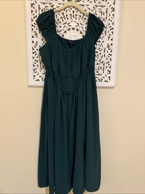 Deep Teal Midi Dress with Puff Sleeves and Smocked Waist